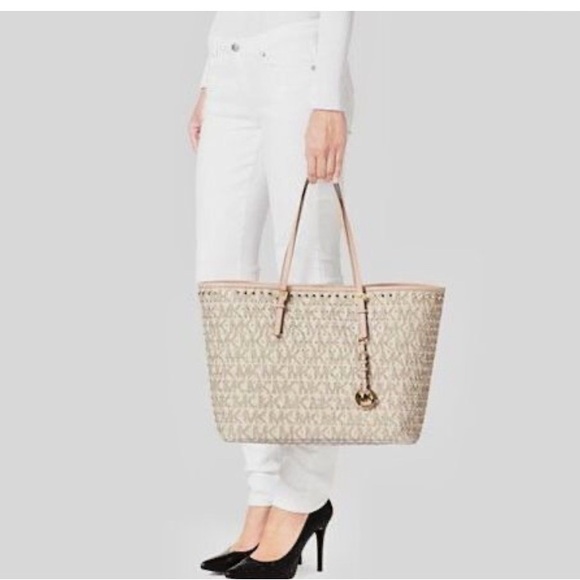 Michael Kors Monogram Signature Vanilla Studded Large Travel Tote - Picture 2 of 8